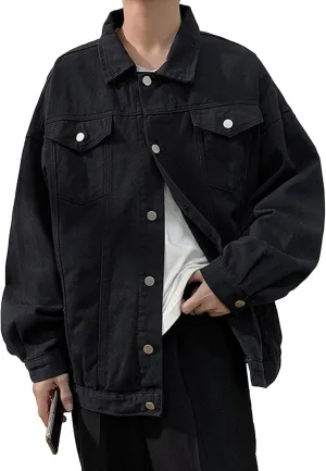 Mens Fashion Button Down Denim Jackets Cotton Casual Versatile Jean Coats Ripped Loose Cowboy Jacket