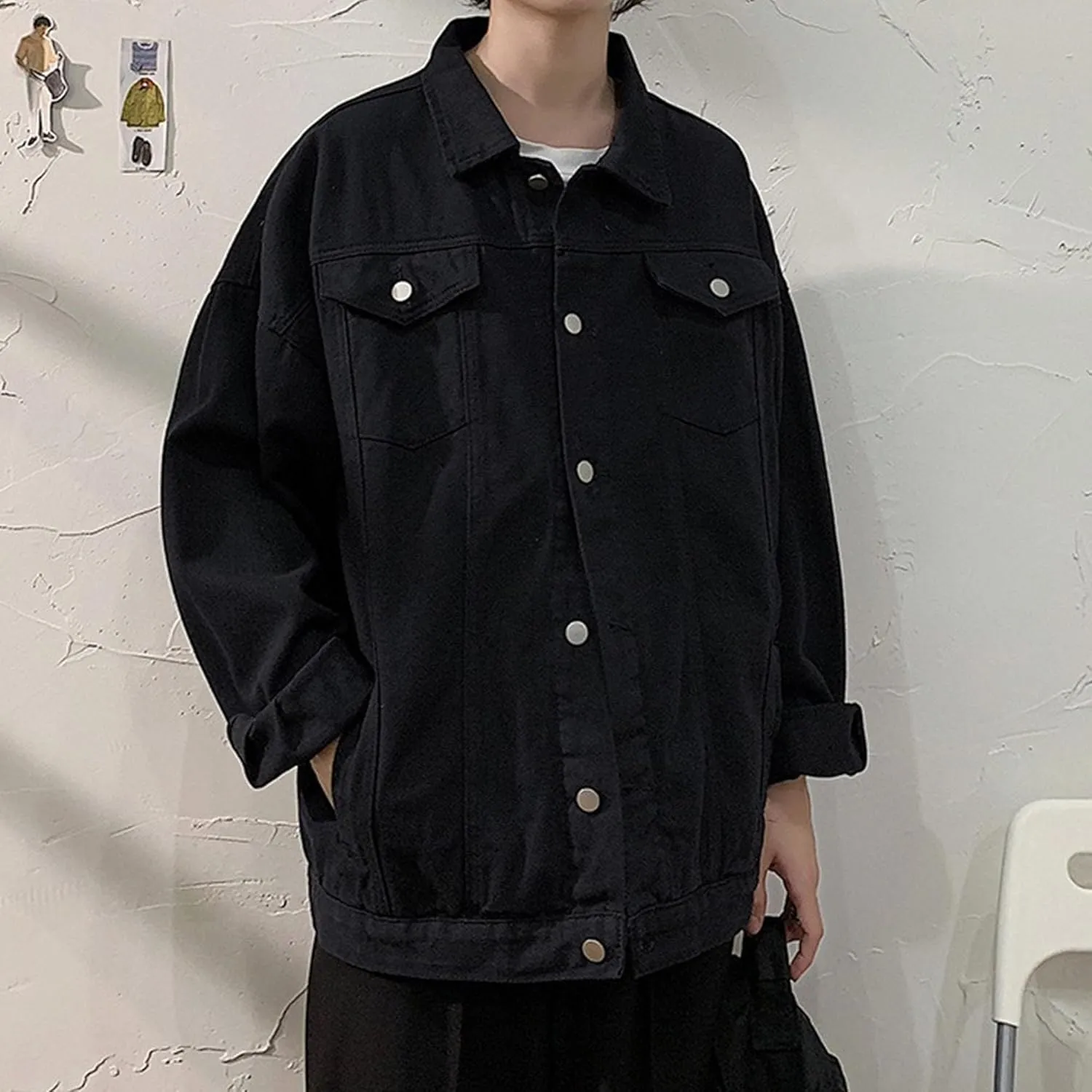 Mens Fashion Button Down Denim Jackets Cotton Casual Versatile Jean Coats Ripped Loose Cowboy Jacket