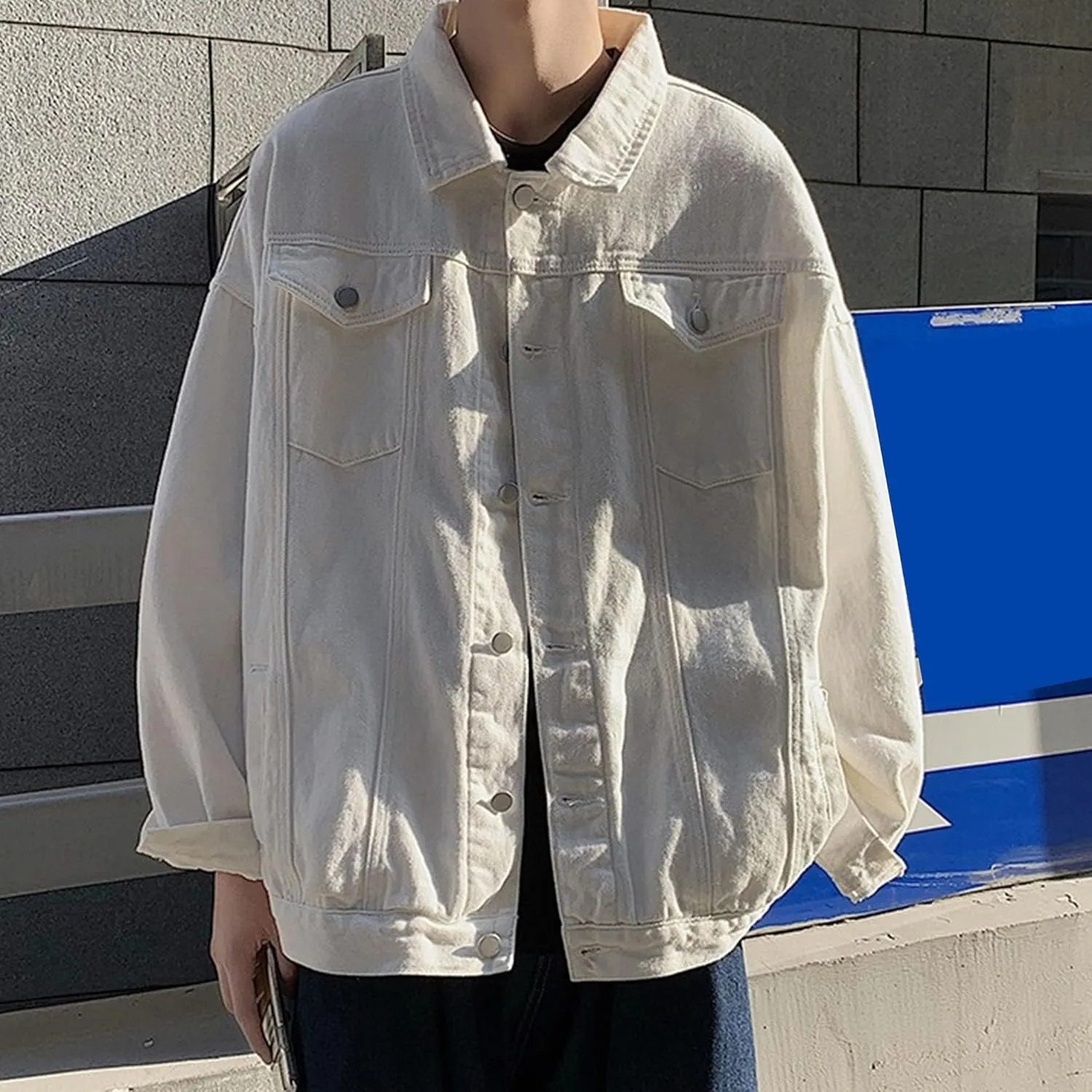 Mens Fashion Button Down Denim Jackets Cotton Casual Versatile Jean Coats Ripped Loose Cowboy Jacket