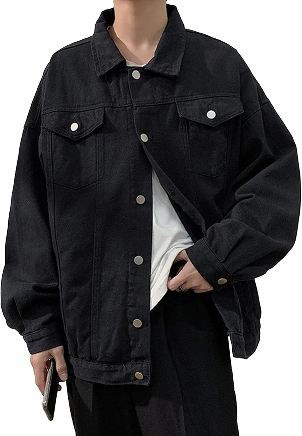 Mens Fashion Button Down Denim Jackets Cotton Casual Versatile Jean Coats Ripped Loose Cowboy Jacket