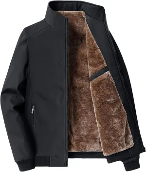 Men's Fleece Lined Bomber Jacket Stand Collar Zip Up Warm Winter Bomber Coats Casual Windproof Sherpa Outwear