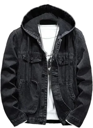 Men's Hooded Denim Jacket Casual Long Sleeve Solid Buttons Jean Coats with Pockets