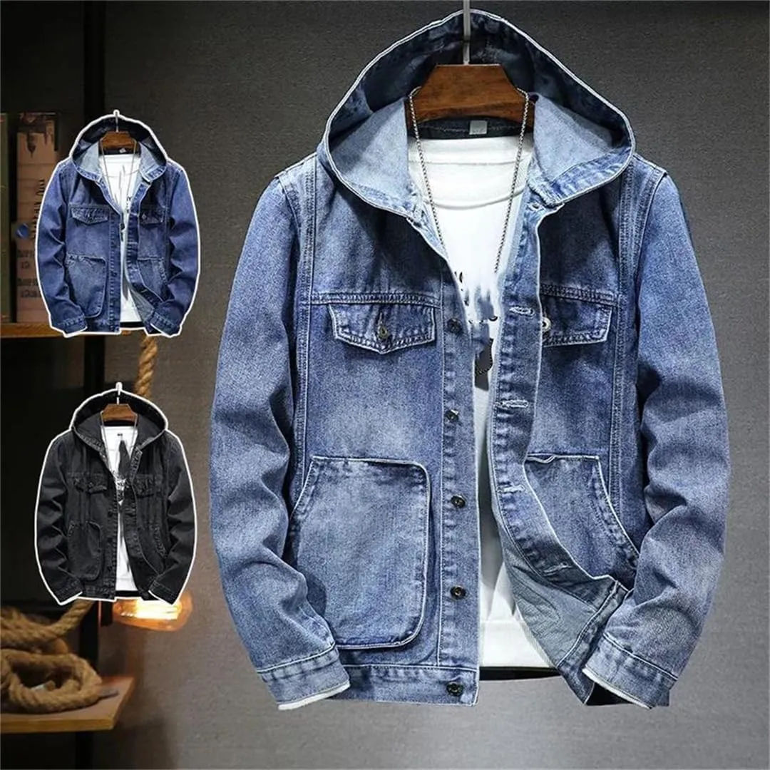 Men's Hooded Denim Jacket Casual Long Sleeve Solid Buttons Jean Coats with Pockets