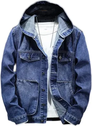 Men's Hooded Denim Jacket Casual Long Sleeve Solid Buttons Jean Coats with Pockets