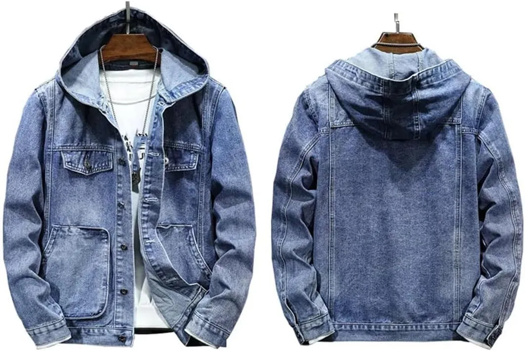 Men's Hooded Denim Jacket Casual Long Sleeve Solid Buttons Jean Coats with Pockets