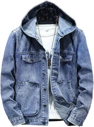 Men's Hooded Denim Jacket Casual Long Sleeve Solid Buttons Jean Coats with Pockets