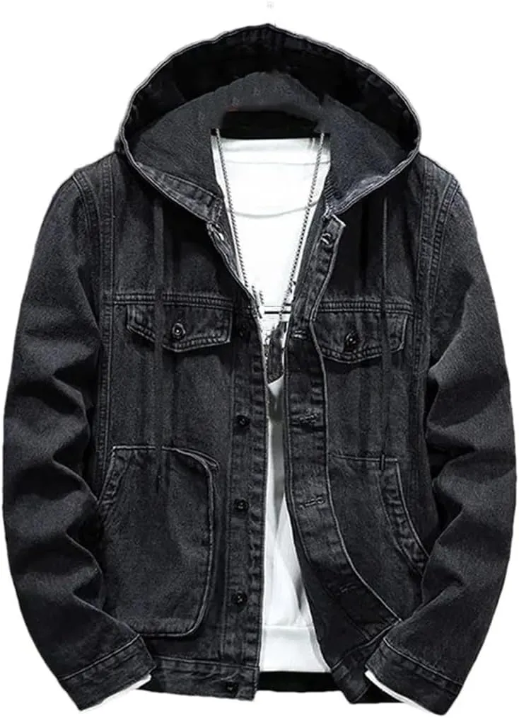 Men's Hooded Denim Jacket Casual Long Sleeve Solid Buttons Jean Coats with Pockets