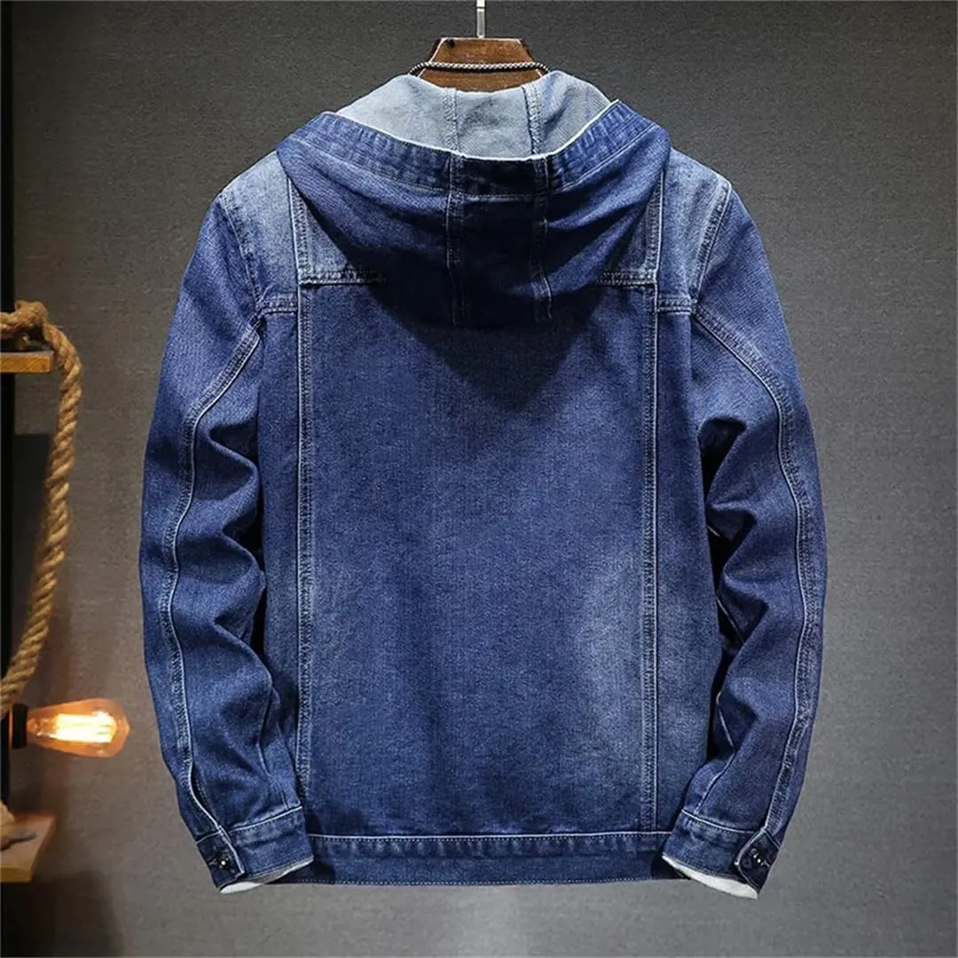 Men's Hooded Denim Jacket Casual Long Sleeve Solid Buttons Jean Coats with Pockets