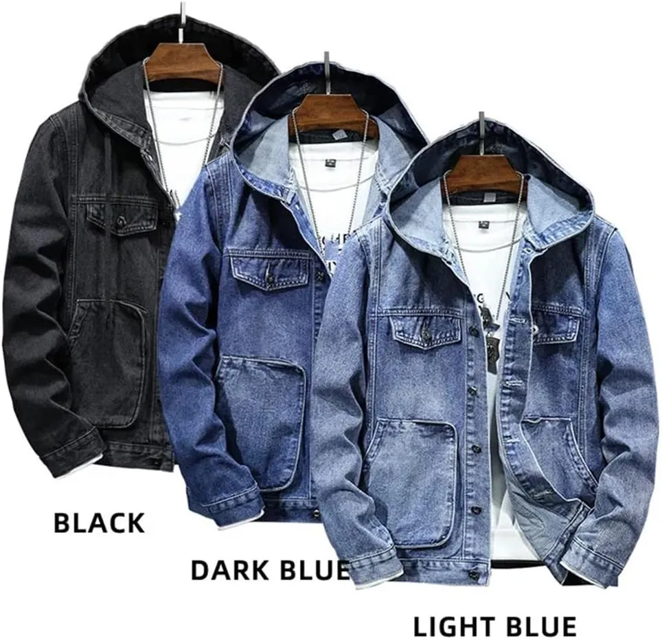 Men's Hooded Denim Jacket Casual Long Sleeve Solid Buttons Jean Coats with Pockets