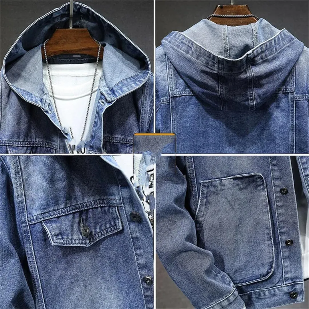 Men's Hooded Denim Jacket Casual Long Sleeve Solid Buttons Jean Coats with Pockets