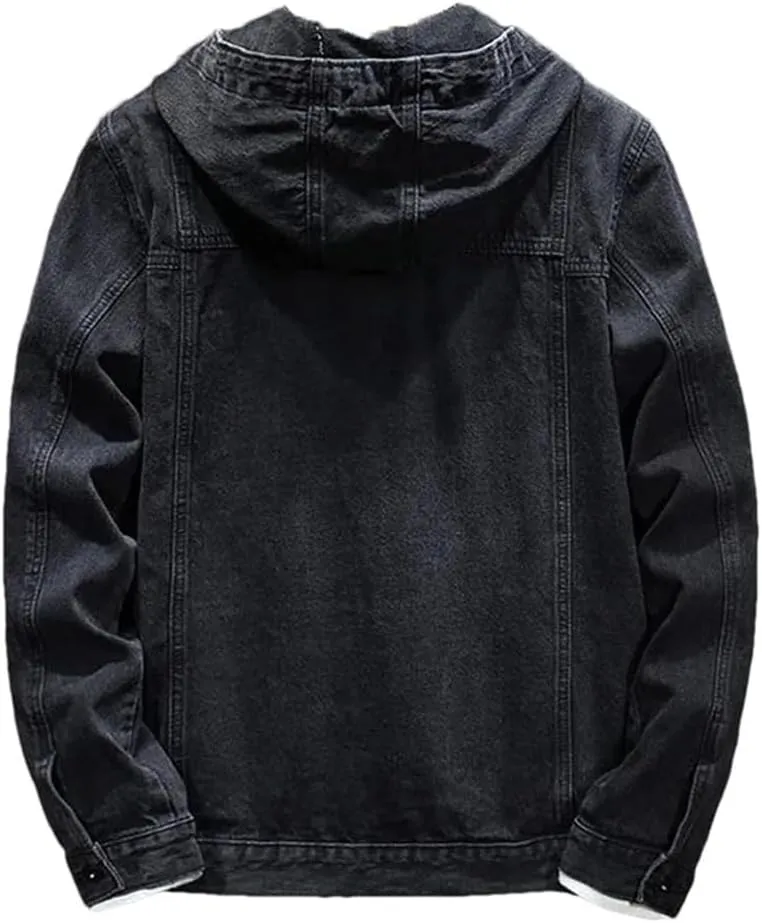 Men's Hooded Denim Jacket Long Sleeve Vintage Solid Buttons Jean Coats with Pockets