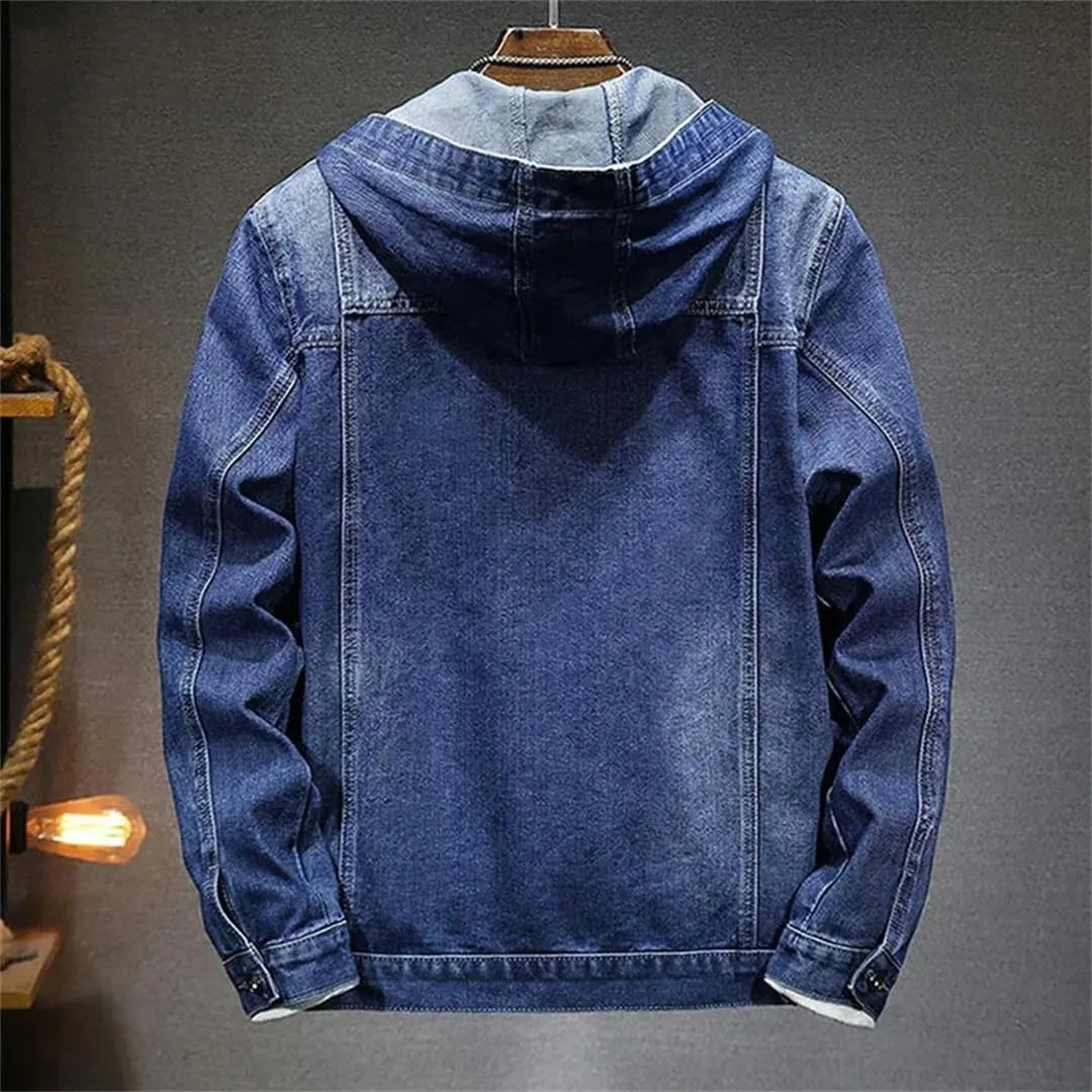 Men's Hooded Denim Jacket Long Sleeve Vintage Solid Buttons Jean Coats with Pockets
