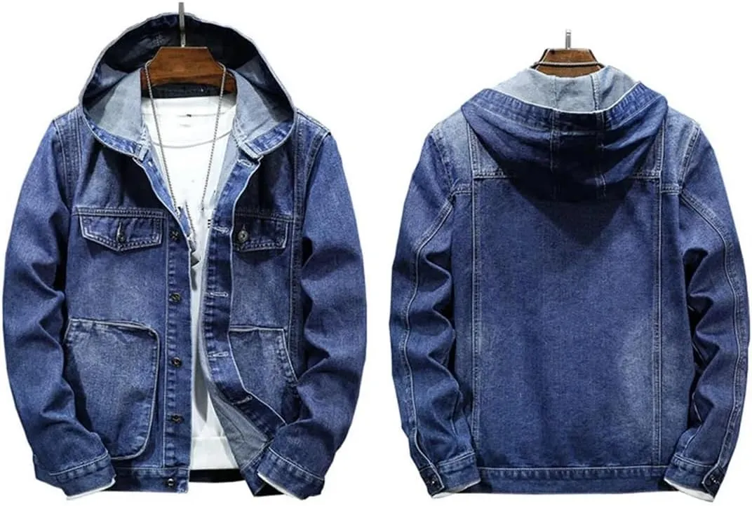Men's Hooded Denim Jacket Long Sleeve Vintage Solid Buttons Jean Coats with Pockets