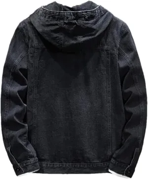 Men's Hooded Denim Jacket Long Sleeve Vintage Solid Buttons Jean Coats with Pockets