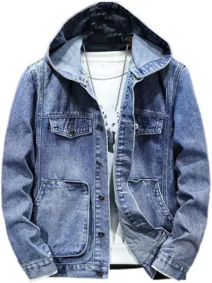 Men's Hooded Denim Jacket Long Sleeve Vintage Solid Buttons Jean Coats with Pockets