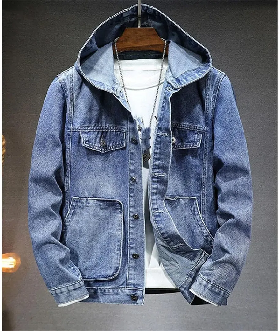 Men's Hooded Denim Jacket Long Sleeve Vintage Solid Buttons Jean Coats with Pockets