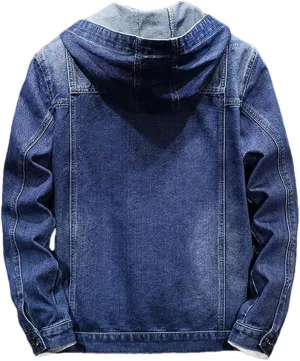 Men's Hooded Denim Jacket Long Sleeve Vintage Solid Buttons Jean Coats with Pockets