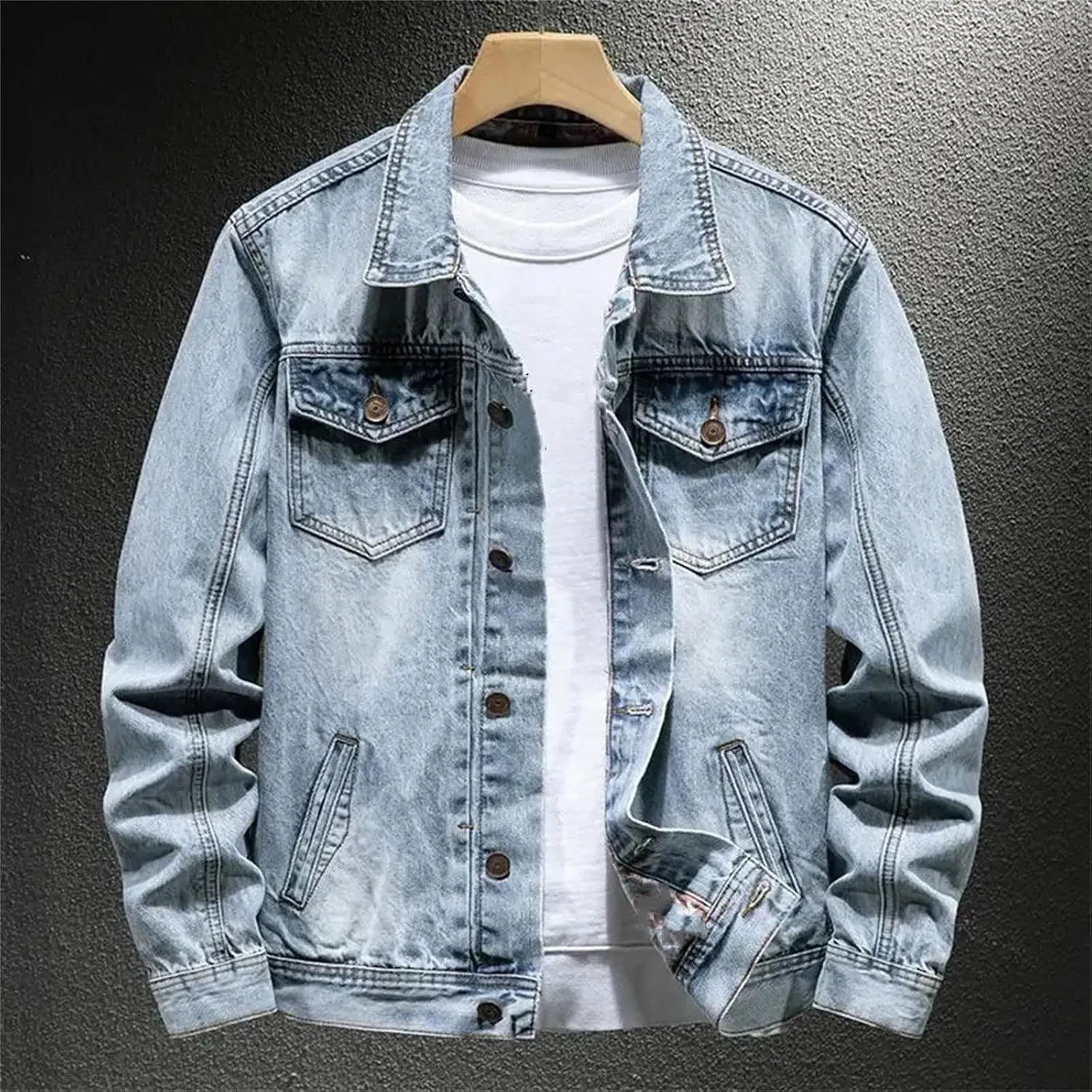 Mens Jean Coats Casual Loose Fit Button Down Denim Trucker Jacket Coat With Pockets