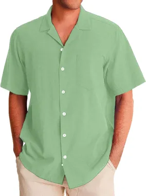 Men's Linen Shirts Hippie Short Sleeve Casual Button Down Shirt for Men Big and Tall Vacation Shirt with Pocket