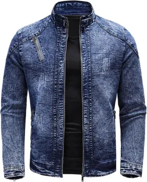 Men's Motorcycle Denim Jacket Retro Zippers Stand Collar Jean Coats Cotton Slim Fit Biker Outerwear