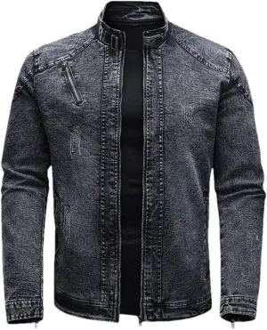 Men's Motorcycle Denim Jacket Retro Zippers Stand Collar Jean Coats Cotton Slim Fit Biker Outerwear
