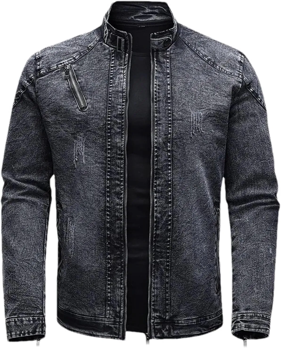 Men's Motorcycle Denim Jacket Retro Zippers Stand Collar Jean Coats Cotton Slim Fit Biker Outerwear