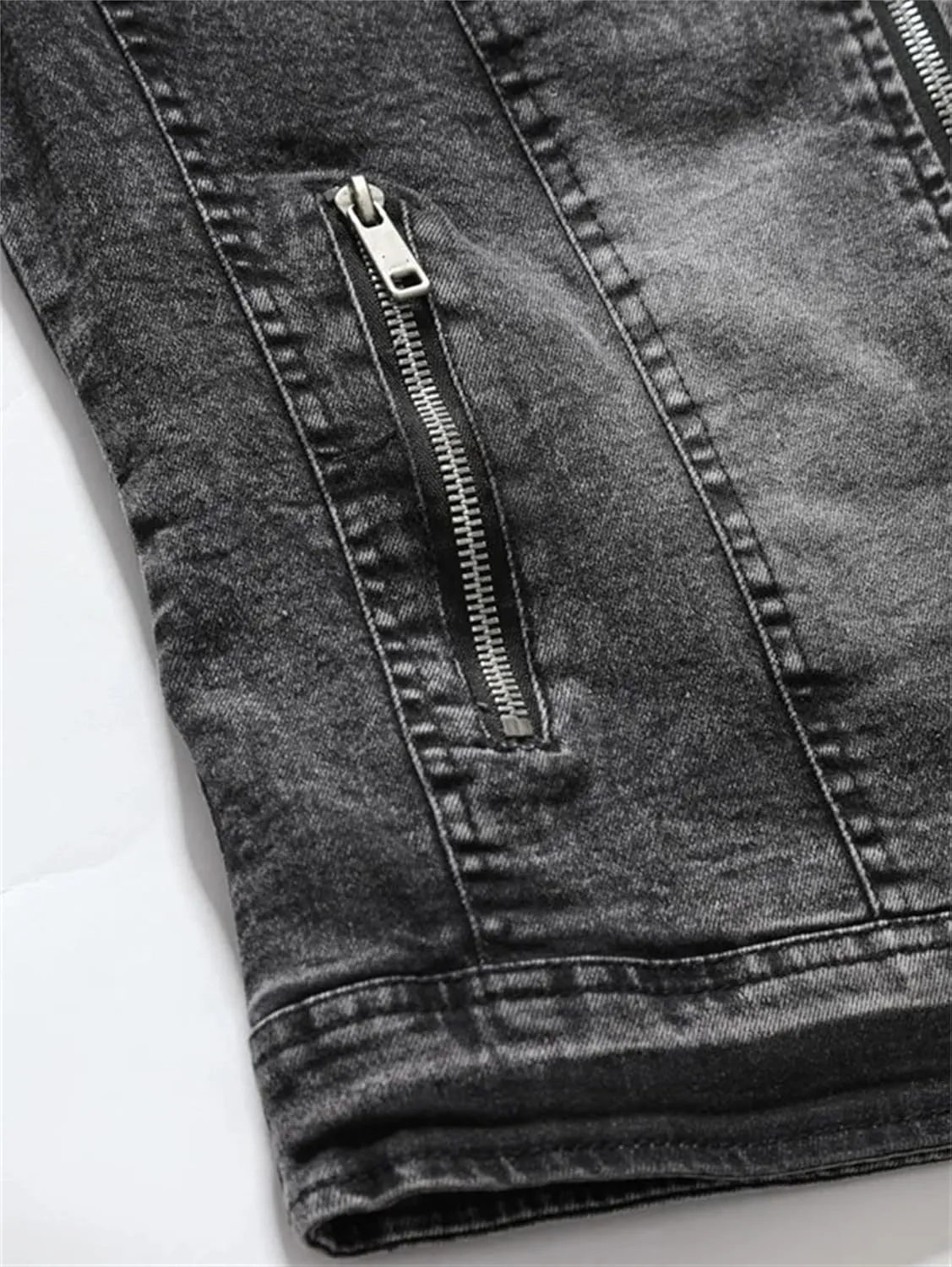 Men's Motorcycle Denim Jacket Retro Zippers Stand Collar Jean Coats Cotton Slim Fit Biker Outerwear