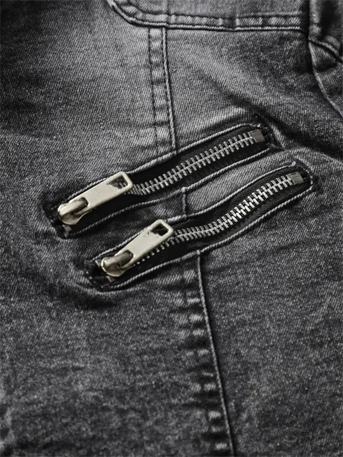 Men's Motorcycle Denim Jacket Retro Zippers Stand Collar Jean Coats Cotton Slim Fit Biker Outerwear