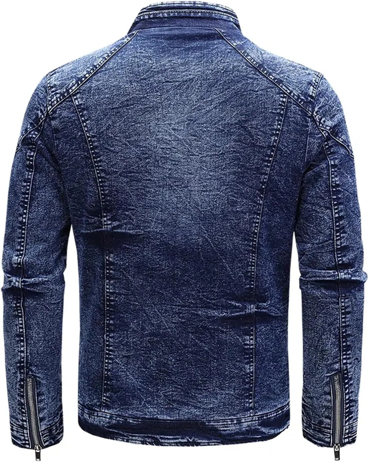 Men's Motorcycle Denim Jacket Retro Zippers Stand Collar Jean Coats Cotton Slim Fit Biker Outerwear