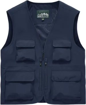 Mens Outdoor Work Safari Fishing Vest Casual Lightweight Zip Up Travel Cargo Vest Sleeveless Quick Dry Utility Jacket