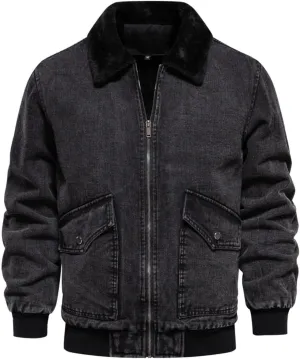 Men's Sherpa Fleece Lined Denim Jacket Warm Winter Zip Up Lapel Trucker Jackets Vintage Distressed Cowboy Jean Coats