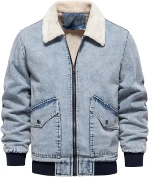 Men's Sherpa Fleece Lined Denim Jacket Warm Winter Zip Up Lapel Trucker Jackets Vintage Distressed Cowboy Jean Coats