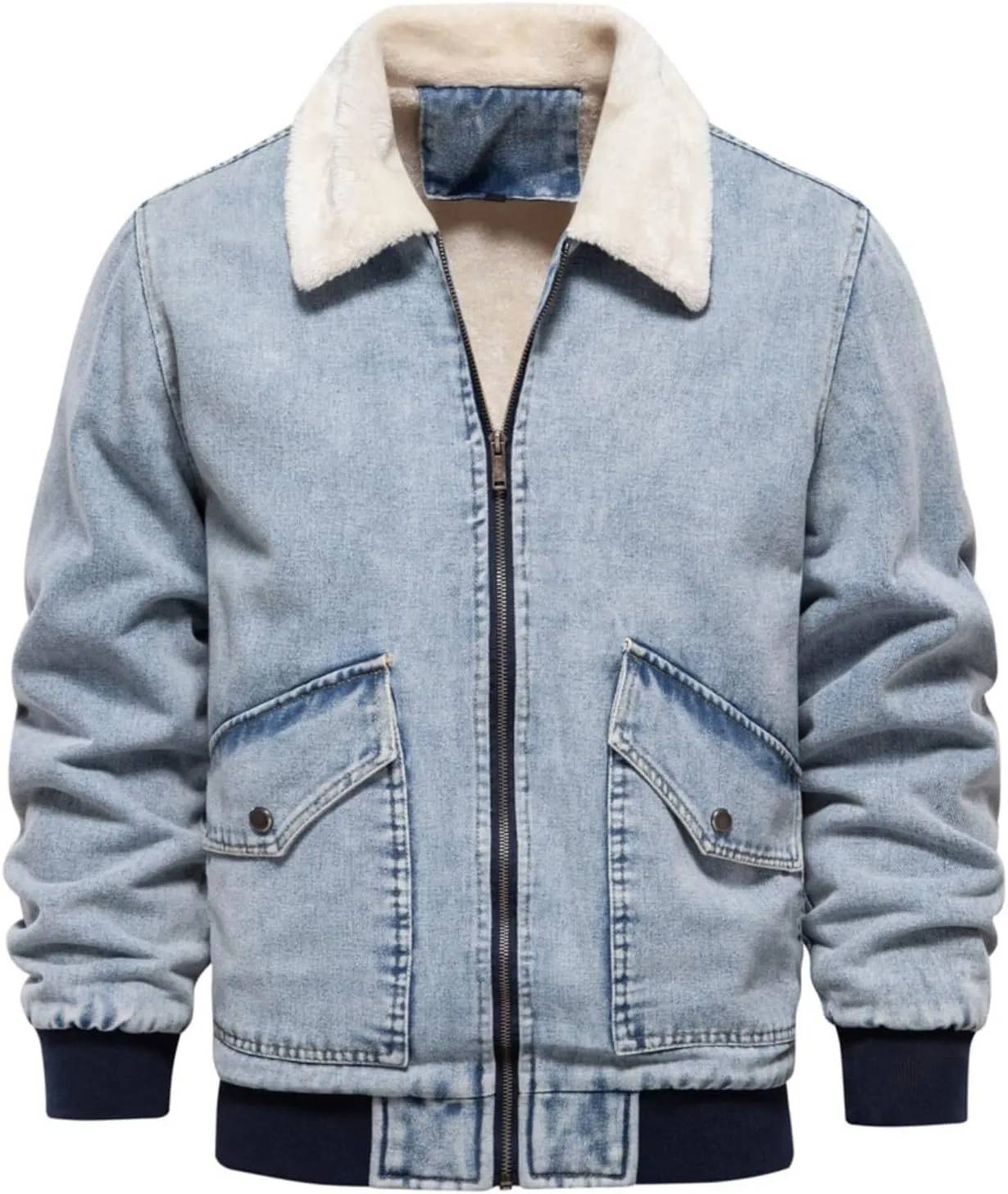 Men's Sherpa Fleece Lined Denim Jacket Warm Winter Zip Up Lapel Trucker Jackets Vintage Distressed Cowboy Jean Coats