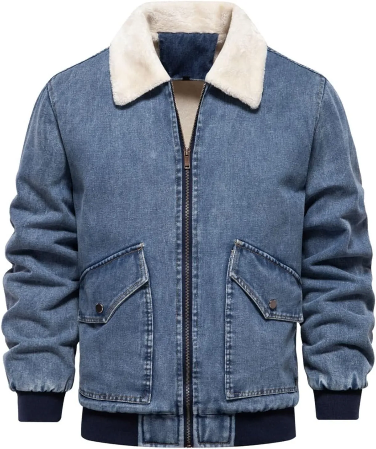 Men's Sherpa Fleece Lined Denim Jacket Warm Winter Zip Up Lapel Trucker Jackets Vintage Distressed Cowboy Jean Coats