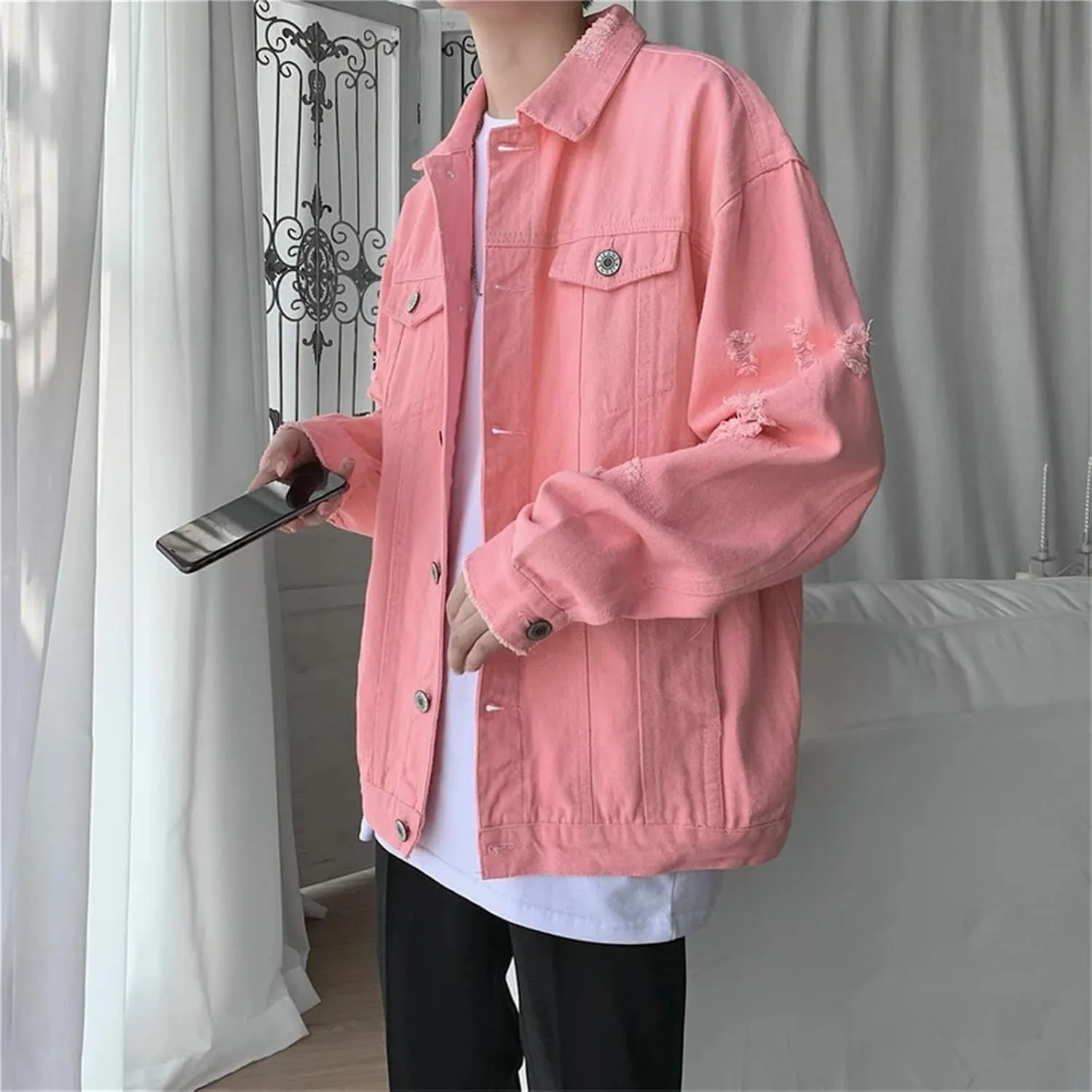 Men's Slim Fit Jean Jacket Men Classic Vintage Ripped Hole Jean Coats Lightweight Sport Coats