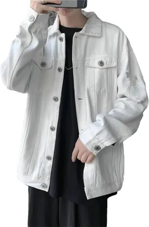 Men's Slim Fit Jean Jacket Men Classic Vintage Ripped Hole Jean Coats Lightweight Sport Coats