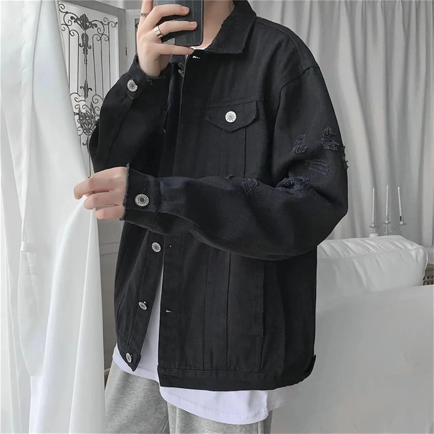 Men's Slim Fit Jean Jacket Men Classic Vintage Ripped Hole Jean Coats Lightweight Sport Coats