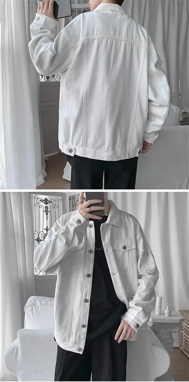 Men's Slim Fit Jean Jacket Men Classic Vintage Ripped Hole Jean Coats Lightweight Sport Coats