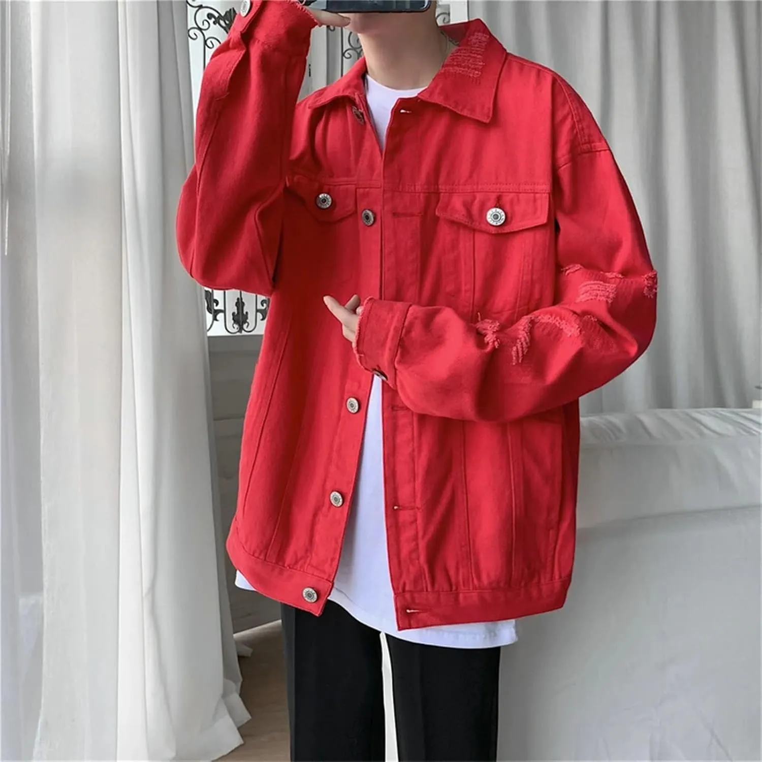 Men's Slim Fit Jean Jacket Men Classic Vintage Ripped Hole Jean Coats Lightweight Sport Coats