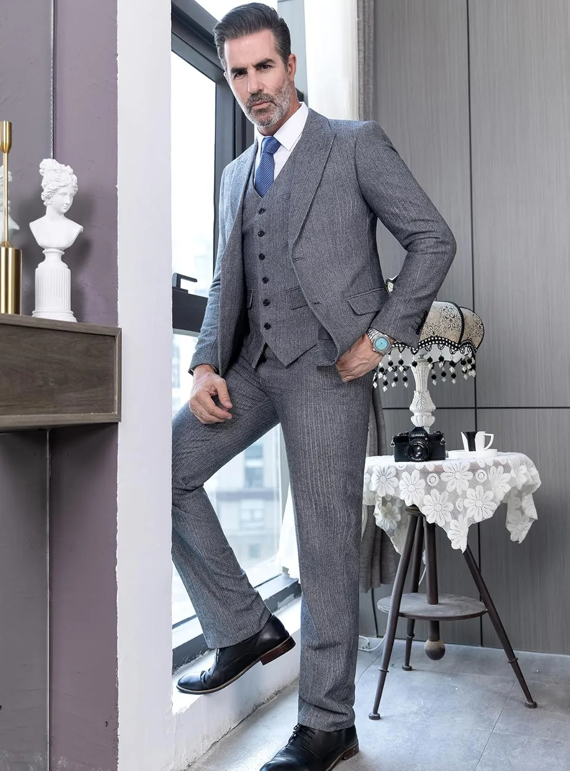 Mens Tweed Herringbone Wedding Suit Prom Tuxedos 3 Piece Peak Lapel Dress