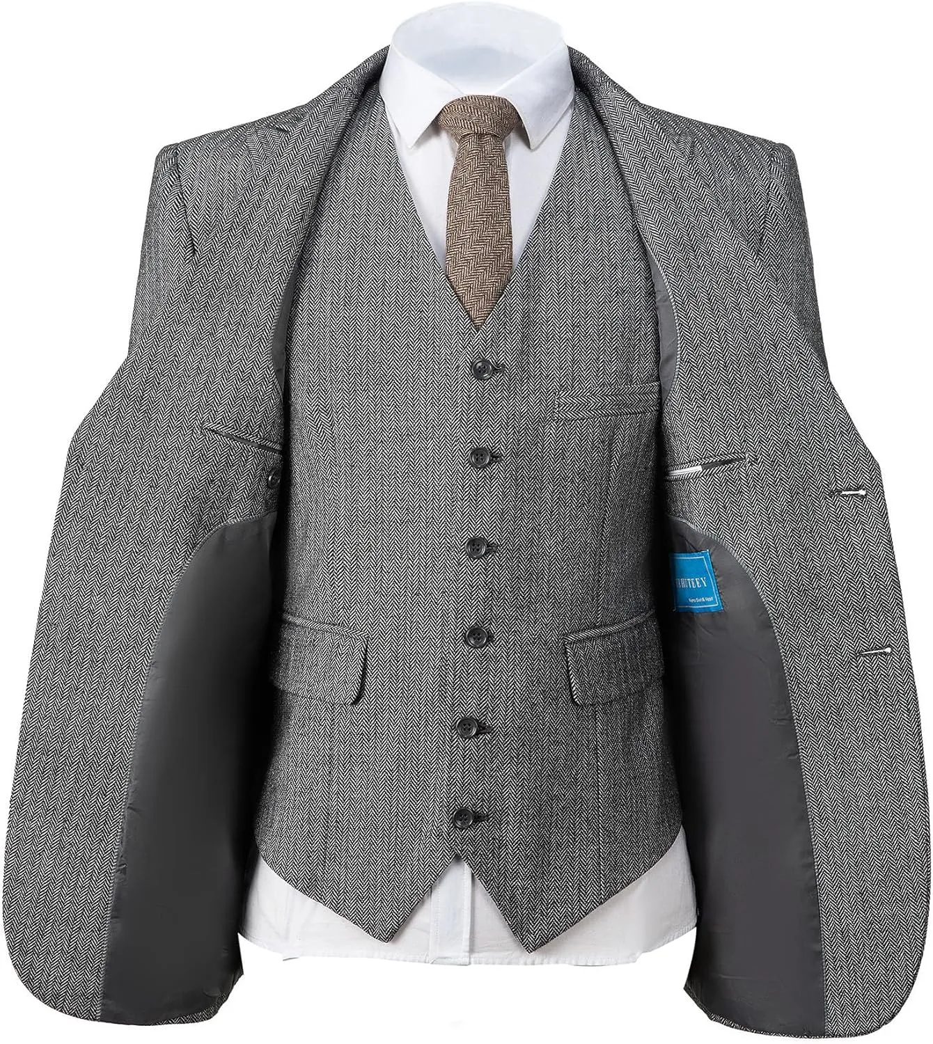 Mens Tweed Herringbone Wedding Suit Prom Tuxedos 3 Piece Peak Lapel Dress