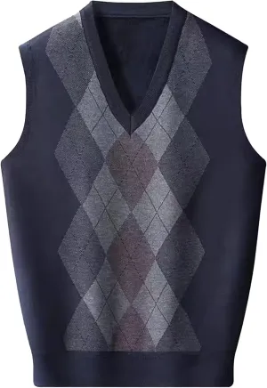 Mens V Neck Knitwear Vest Argyle Sweater Sleeveless Vests Lightweight Cotton Pullover Waistcoats