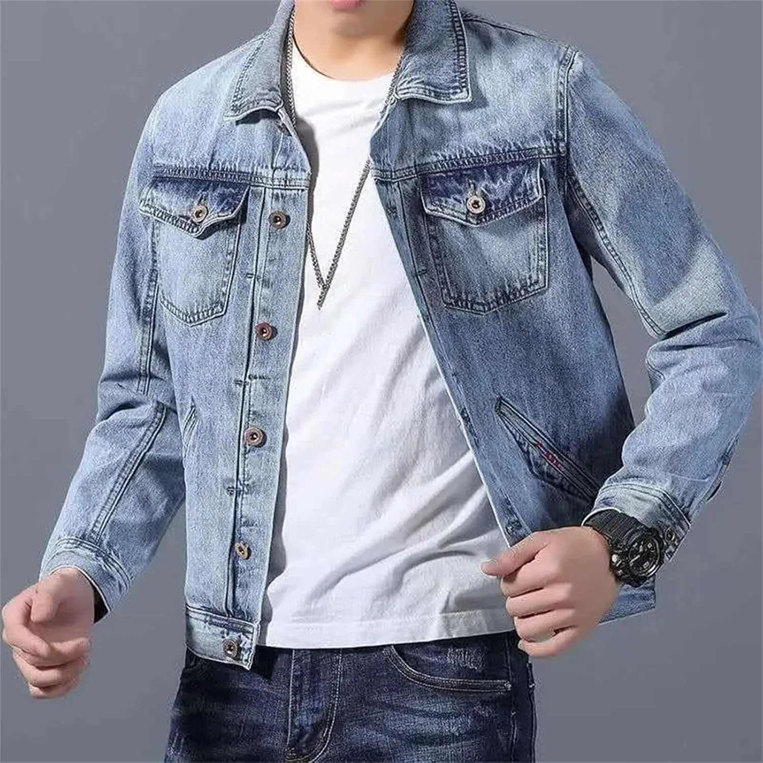 Men's Vintage Washed Denim Jacket Men Lightweight Sport Jean Coats For Men Casual Trucker Jacket Outwear