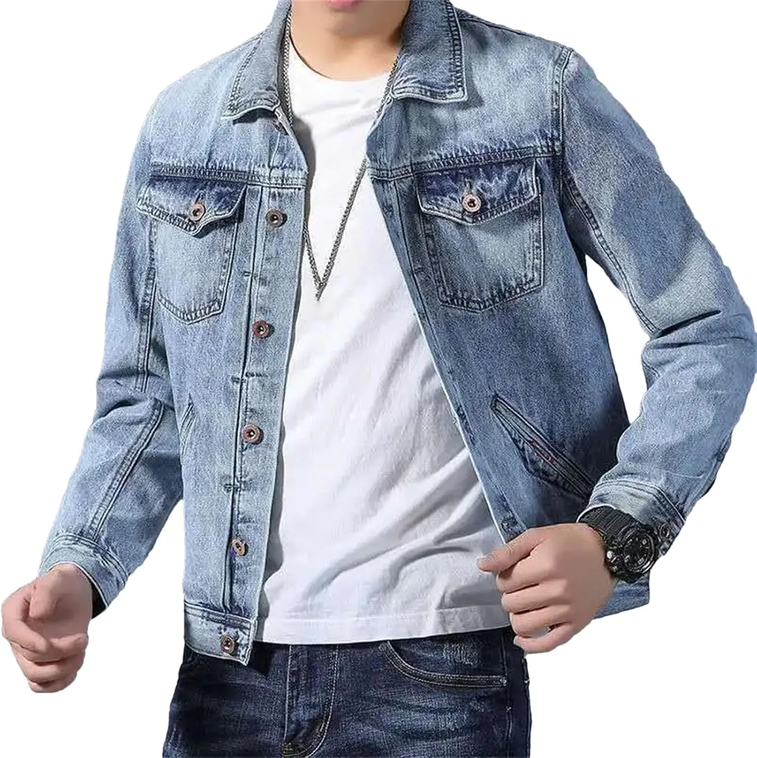 Men's Vintage Washed Denim Jacket Men Lightweight Sport Jean Coats For Men Casual Trucker Jacket Outwear
