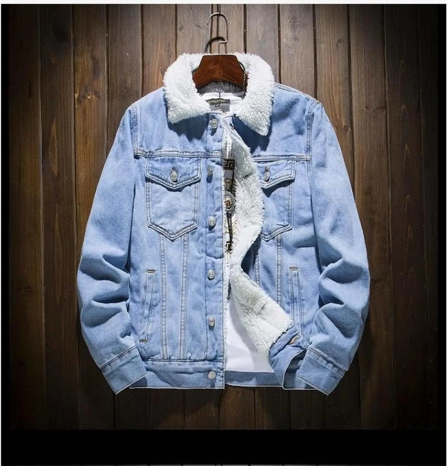 Men's Winter Sherpa Cotton Denim Jacket Windbreaker Denim Trucker Jackets Fleece Lined Thicken Jean Coats