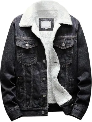 Men's Winter Sherpa Cotton Denim Jacket Windbreaker Denim Trucker Jackets Fleece Lined Thicken Jean Coats