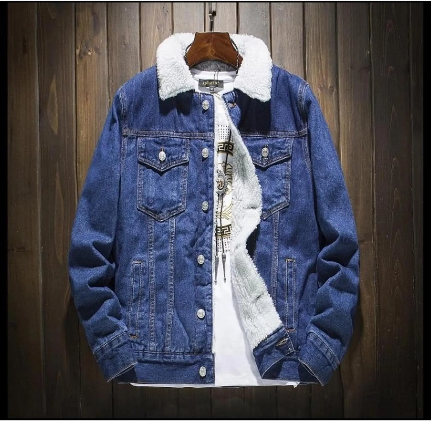 Men's Winter Sherpa Cotton Denim Jacket Windbreaker Denim Trucker Jackets Fleece Lined Thicken Jean Coats
