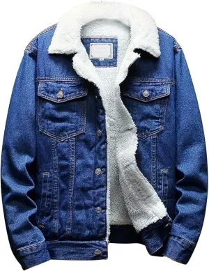 Men's Winter Sherpa Cotton Denim Jacket Windbreaker Denim Trucker Jackets Fleece Lined Thicken Jean Coats