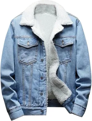 Men's Winter Sherpa Cotton Denim Jacket Windbreaker Denim Trucker Jackets Fleece Lined Thicken Jean Coats