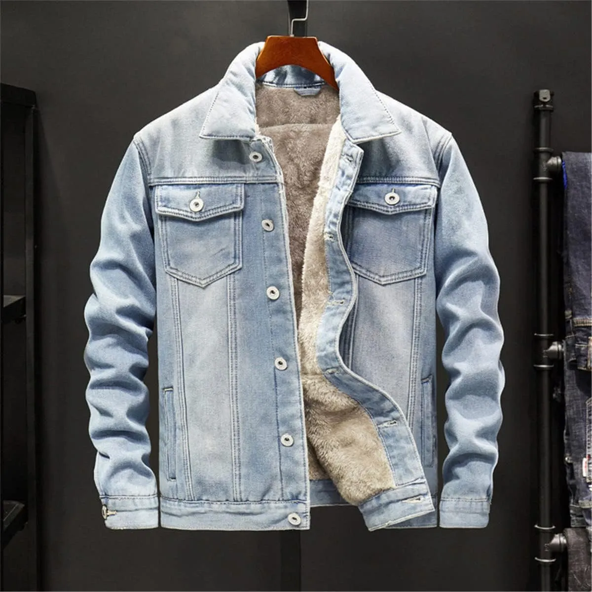 Men's Winter Warm Jean Coats Fleece Lined Thicken Thermal Denim Trucker Jacket Outerwear Plus Size